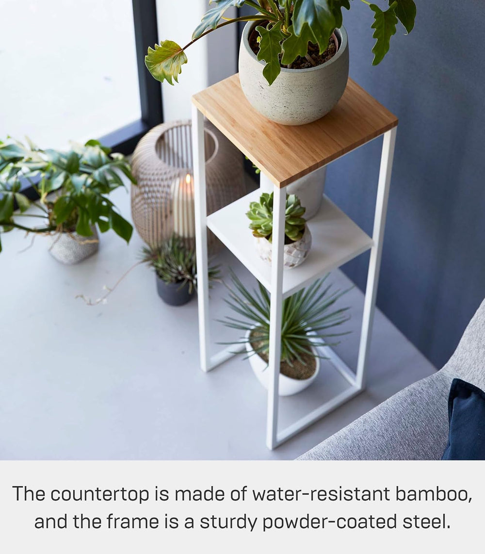 YAMAZAKI Home 2-Tier Shelf, Corner Display Side Table, Steel + Wood, White | ...
