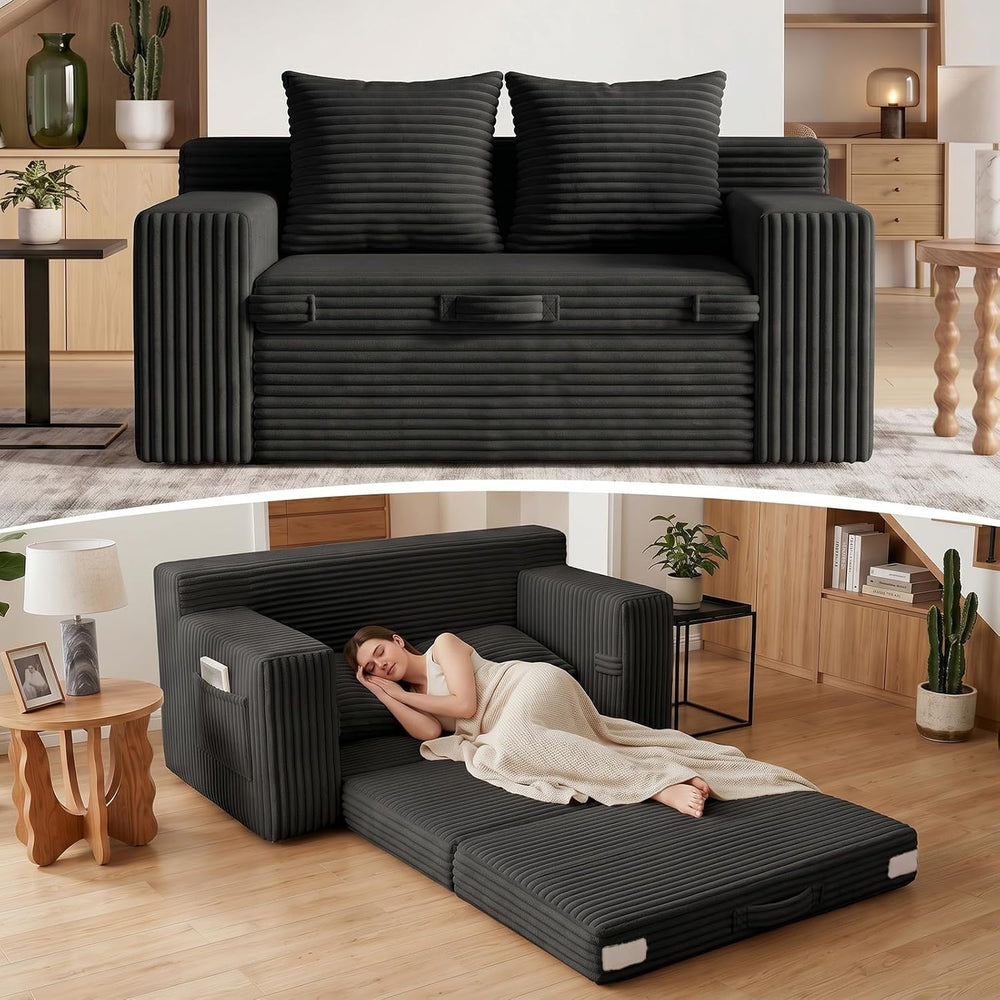 Loveseat Sofa Bed, Tri-Folding Convertible Futon Sleeper with Handle & Si...