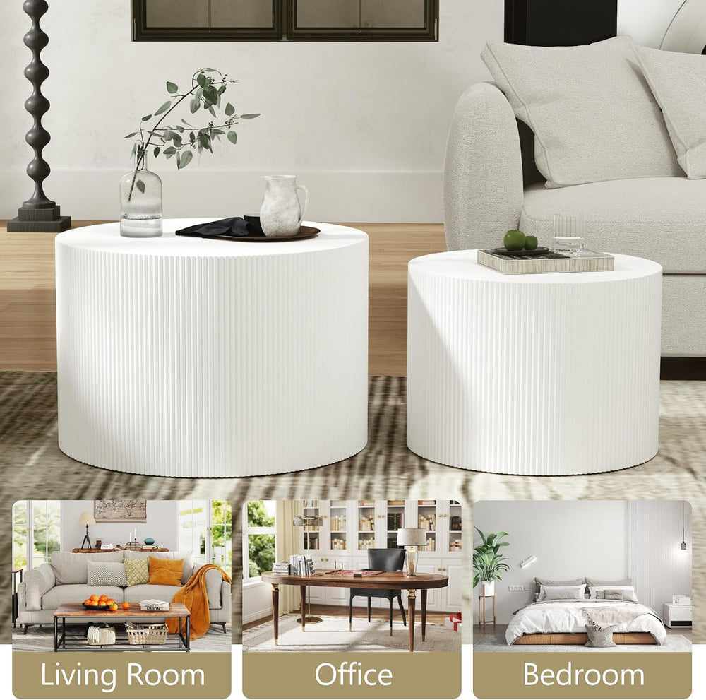Nesting Coffee Table Set of 2, Round Wood Accent Table, White | Modern Wooden...