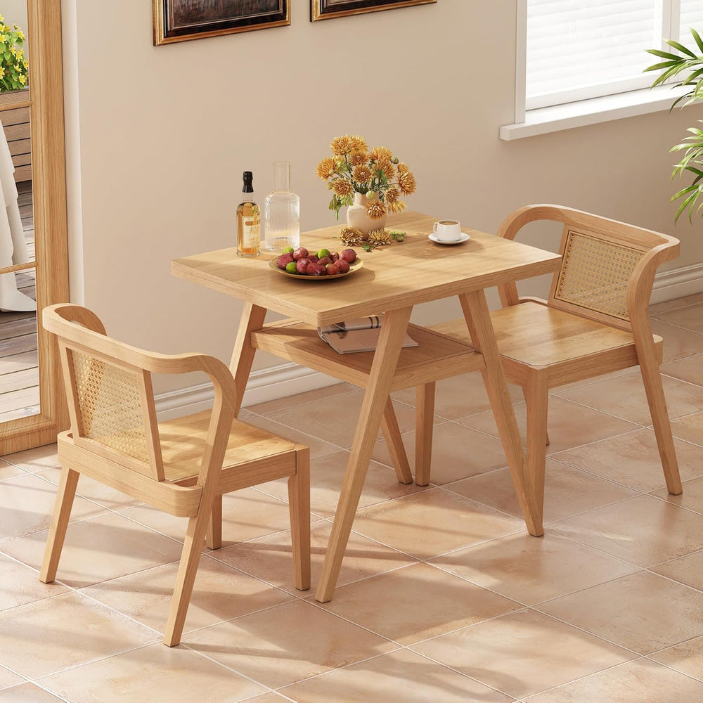 PADMA HOUSE Bistro Stacking Table Chair Set of 3, Wood Rattan Small Dining Ta...