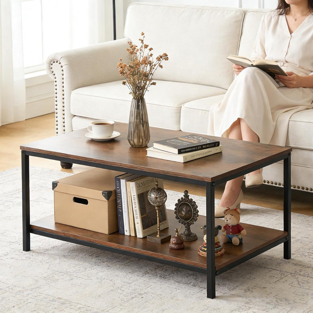 SUPER DEAL 2-Tier Industrial Coffee Table with Storage Shelf for Small Apartm...