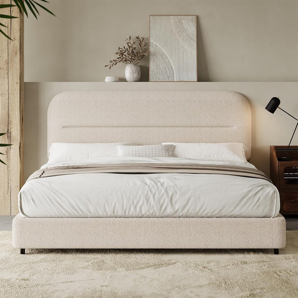 HOMBCK Queen Size Cloud Bed Frame, Beige Plush Boucle Upholstered Bed