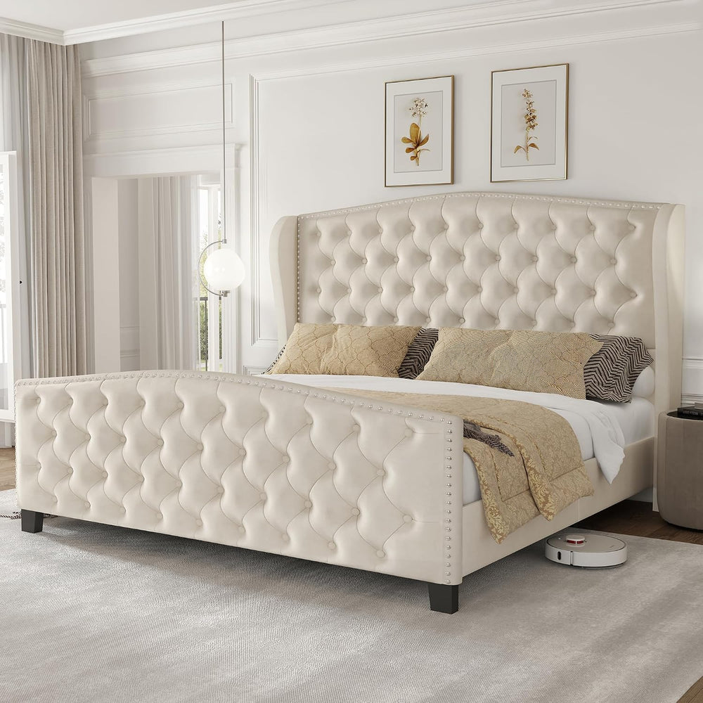LARMACE Queen Size Bed Frame Velvet Upholstered Platform Bed with Wingback He...