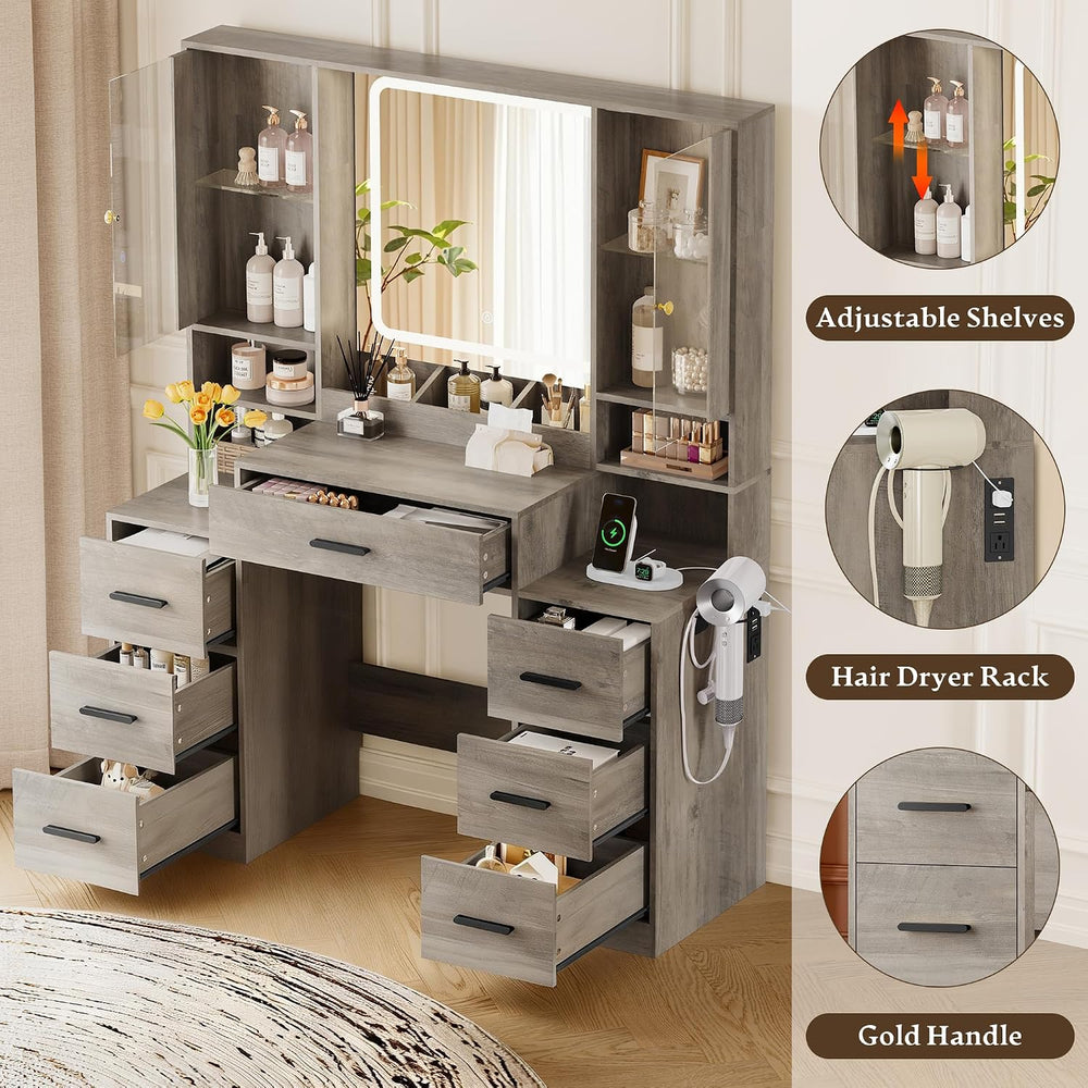 HUANLEGO Makeup Vanity Desk with Mirror and LED Lights for Girls, Grey | Farm...