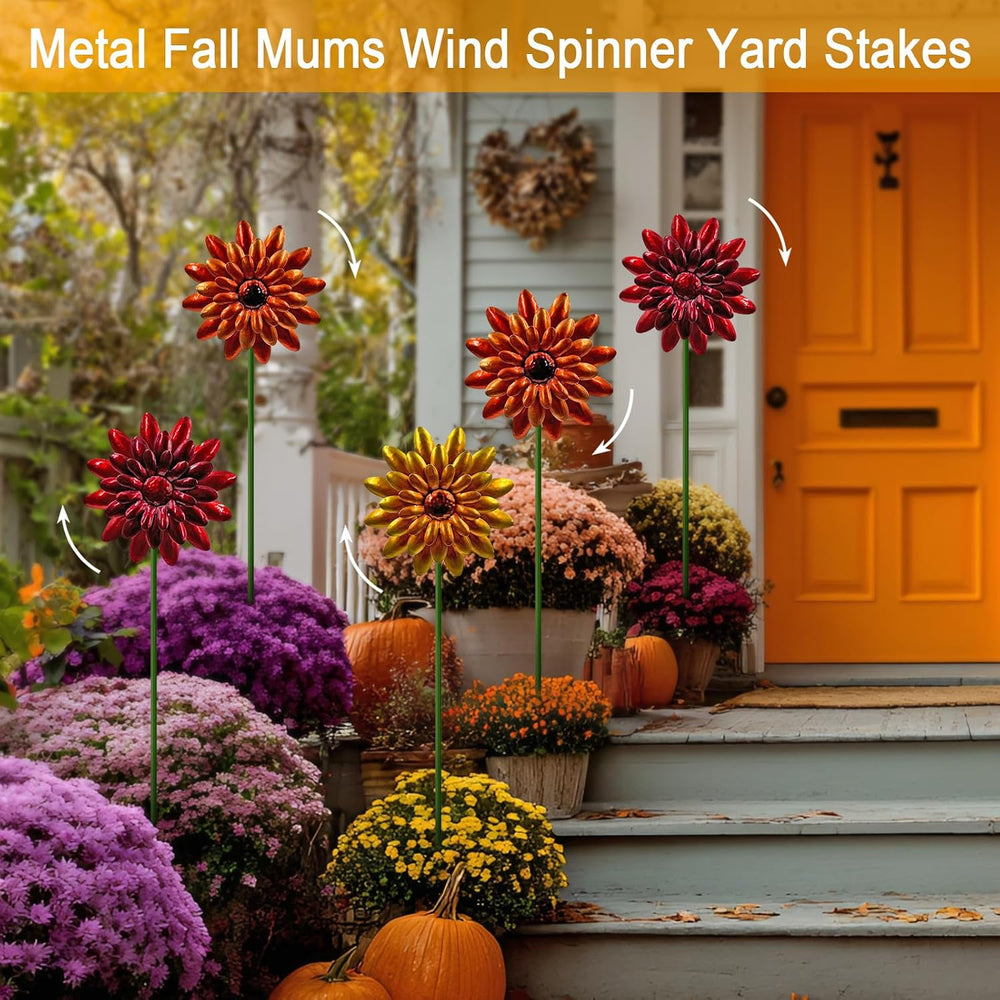 5 Pack Metal Autumn Mums Wind Spinner Garden Stake,Outdoor Fall Decorations