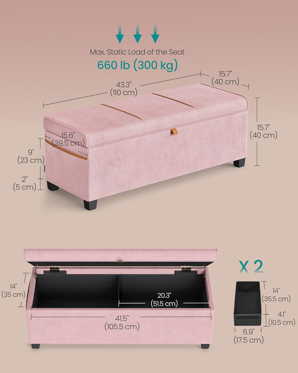 SONGMICS Storage Ottoman, 15.8 x 43.3 x 15.8 Inches, 27 Gal. (103 L) | Bench ...