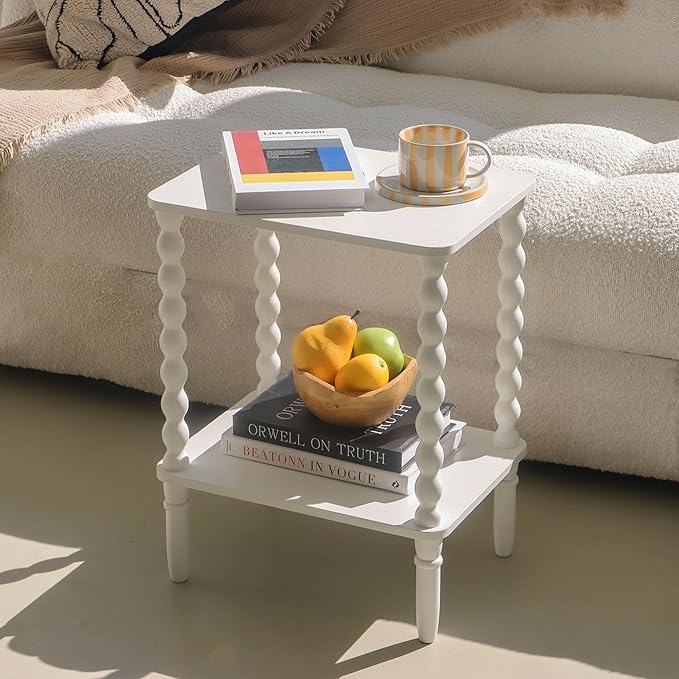 White End Table, Small Side Table with Storage Shelf, 2-Tier Modern NightStan...