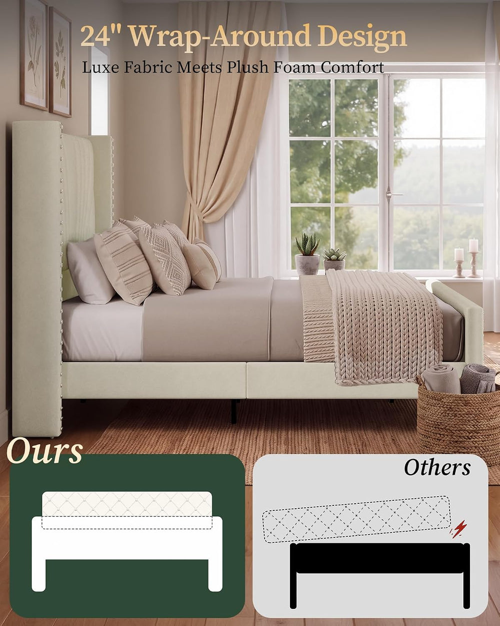 Queen Bed Frame 55" Velvet Upholstered Platform Bed, Art Deco, Cream White