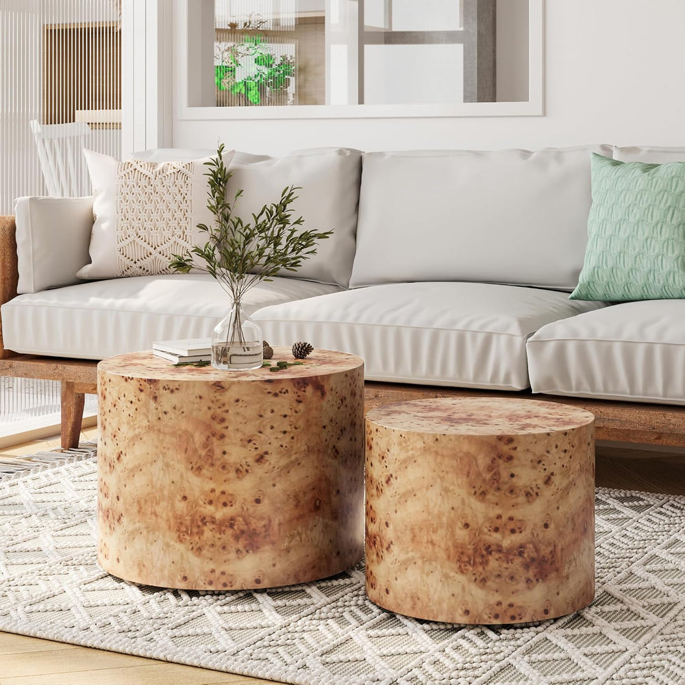 Round Burl Wood Nesting Coffee Table Set of 2, Farmhouse Side Tables | Set of...