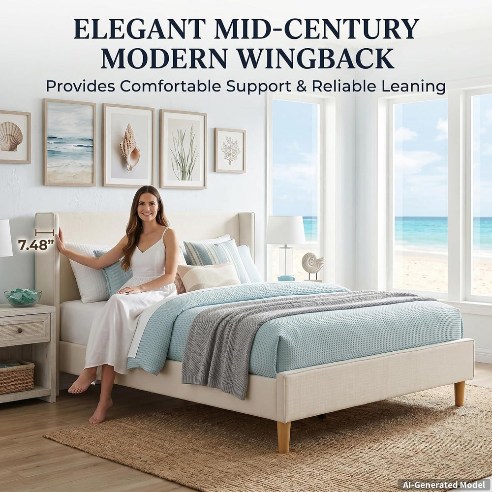 Full Corduroy Upholstered Platform Bed with Headboard Wingback, Cream