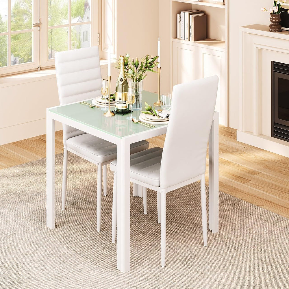 Gizoon 3 Piece Glass Dining Table Set, Kitchen Table and Chairs Set for 2 | P...