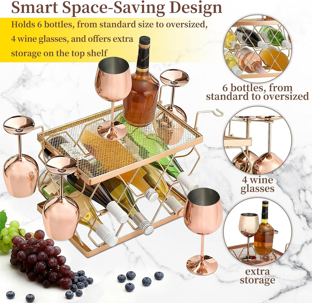 Countertop Wine Rack Organizer - Holds 6 Oversized Bottles & 4 Glasses | ...