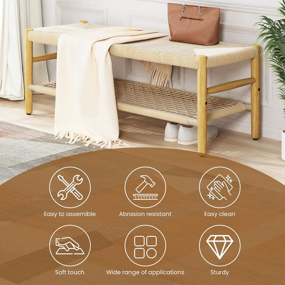 Recaceik Indoor Entryway Bench with Paper Cord Ottoman & Grid Storage Rac...