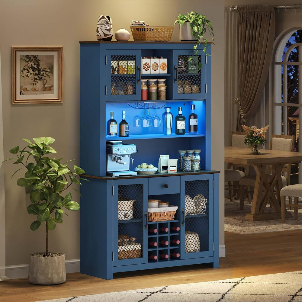 71” Kitchen Pantry with Microwave Shelf & Charging Station, LED Lighting ...