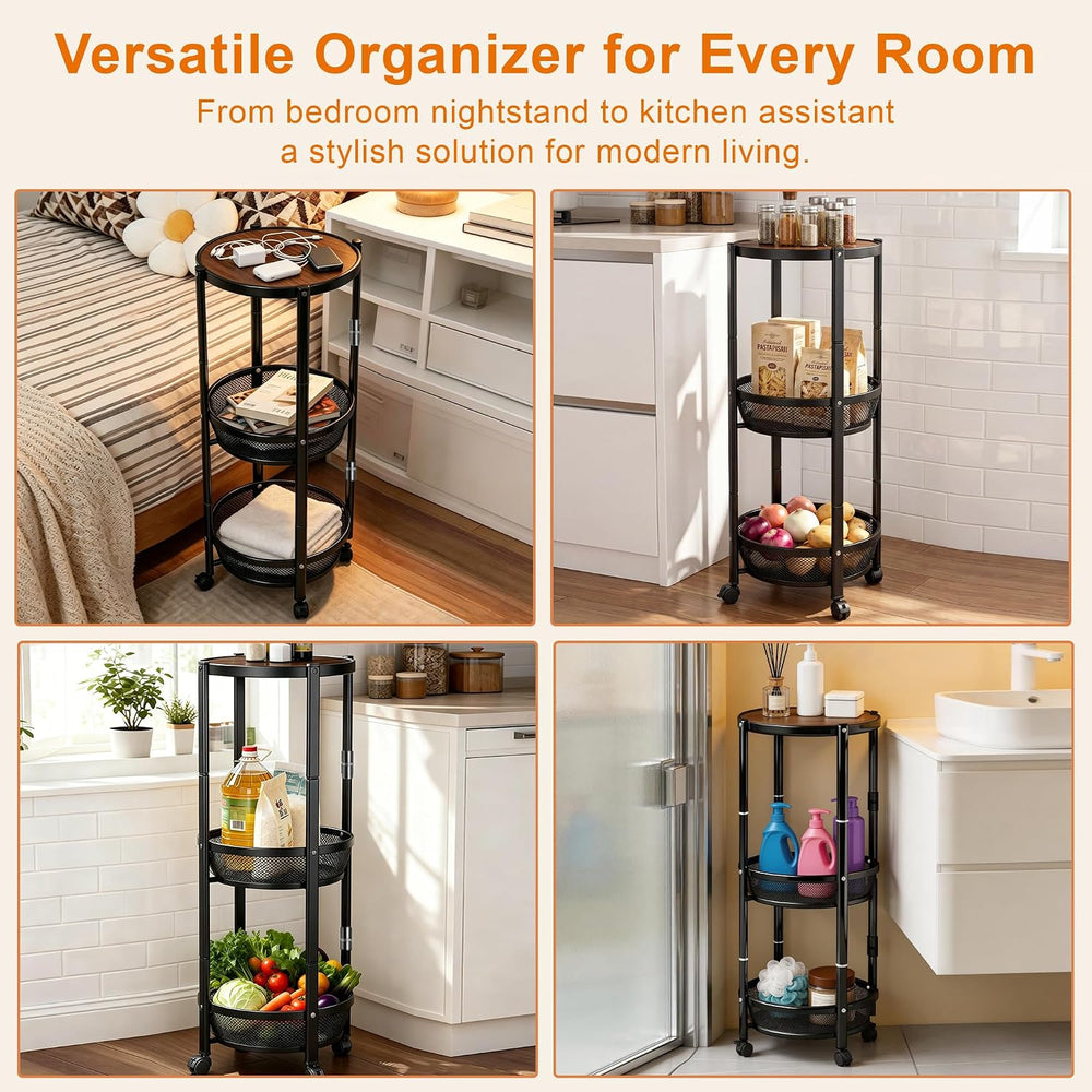 SYO 3-Tier Round Rolling Storage Cart, Foldable Metal Mesh Basket Shelving Un...