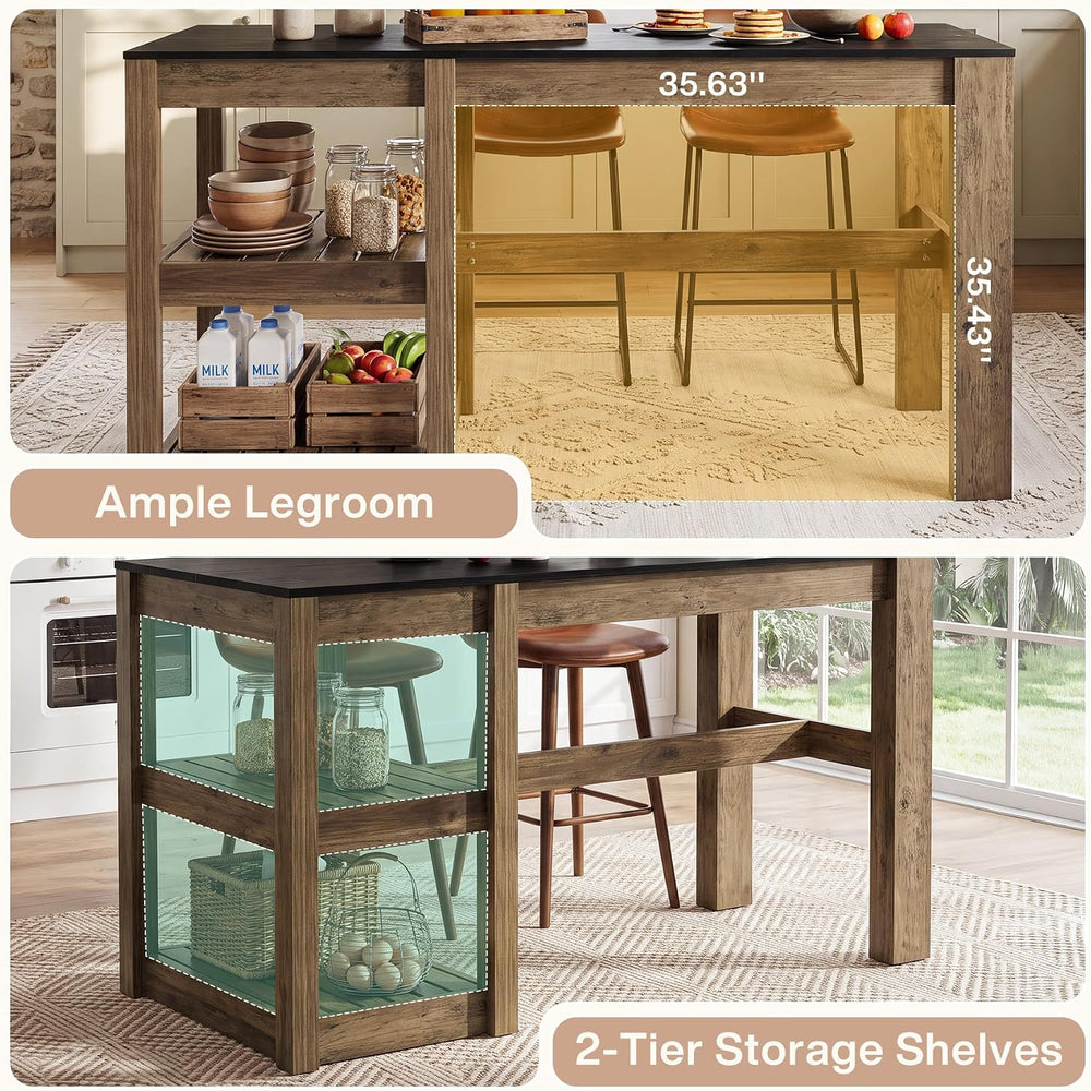 Tribesigns 55" Kitchen Island with Storage Shelves, Rustic Brown and Bla...