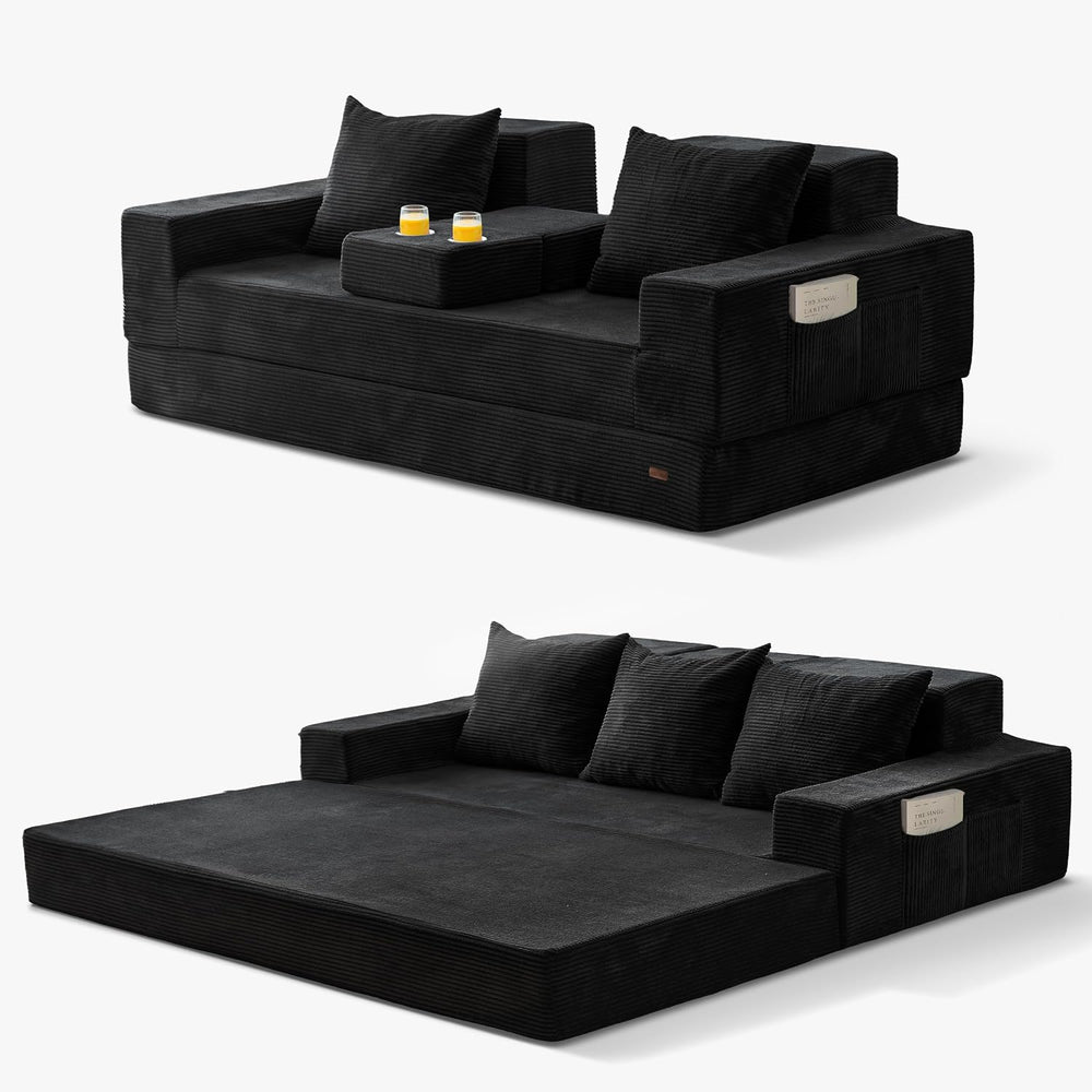 MAXYOYO Sofa Bed, 80-Inch Oversized Loveseat, 2 Cup Holders | Corded Black 4-...