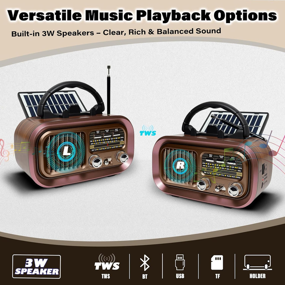 Portable AM FM SW Radio with Bluetooth, Retro Radio with Solar Panel