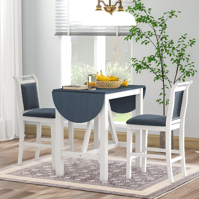 Linique 3-Piece Drop Leaf Dining Table Set with 2 Upholstered Chairs, Wood Counter Height Table & Chair Set for Small Place, White+Dark Gray Cushion