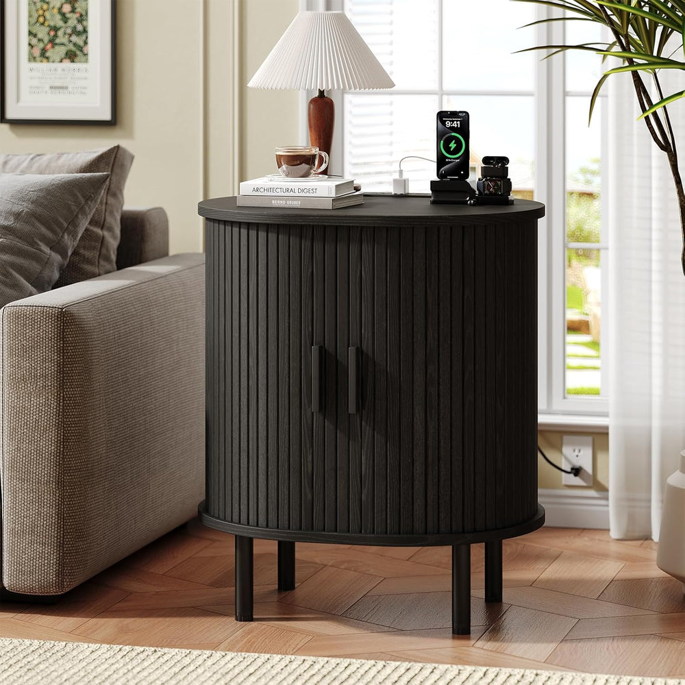 Oval End Table with Charging Station & Sliding Door, Mid-Century Modern S...