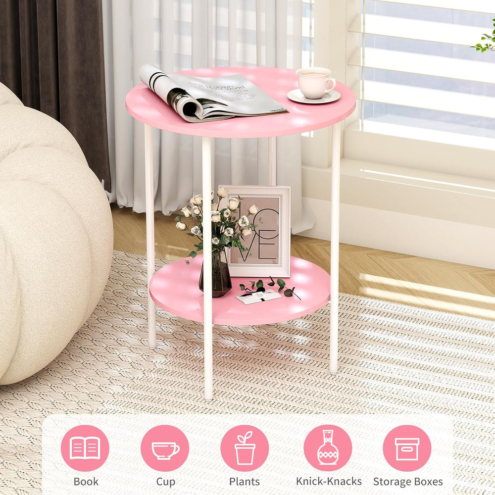 Side Table,Round End Table with 2 Storage Shelves| Compact Side Tables for Li...