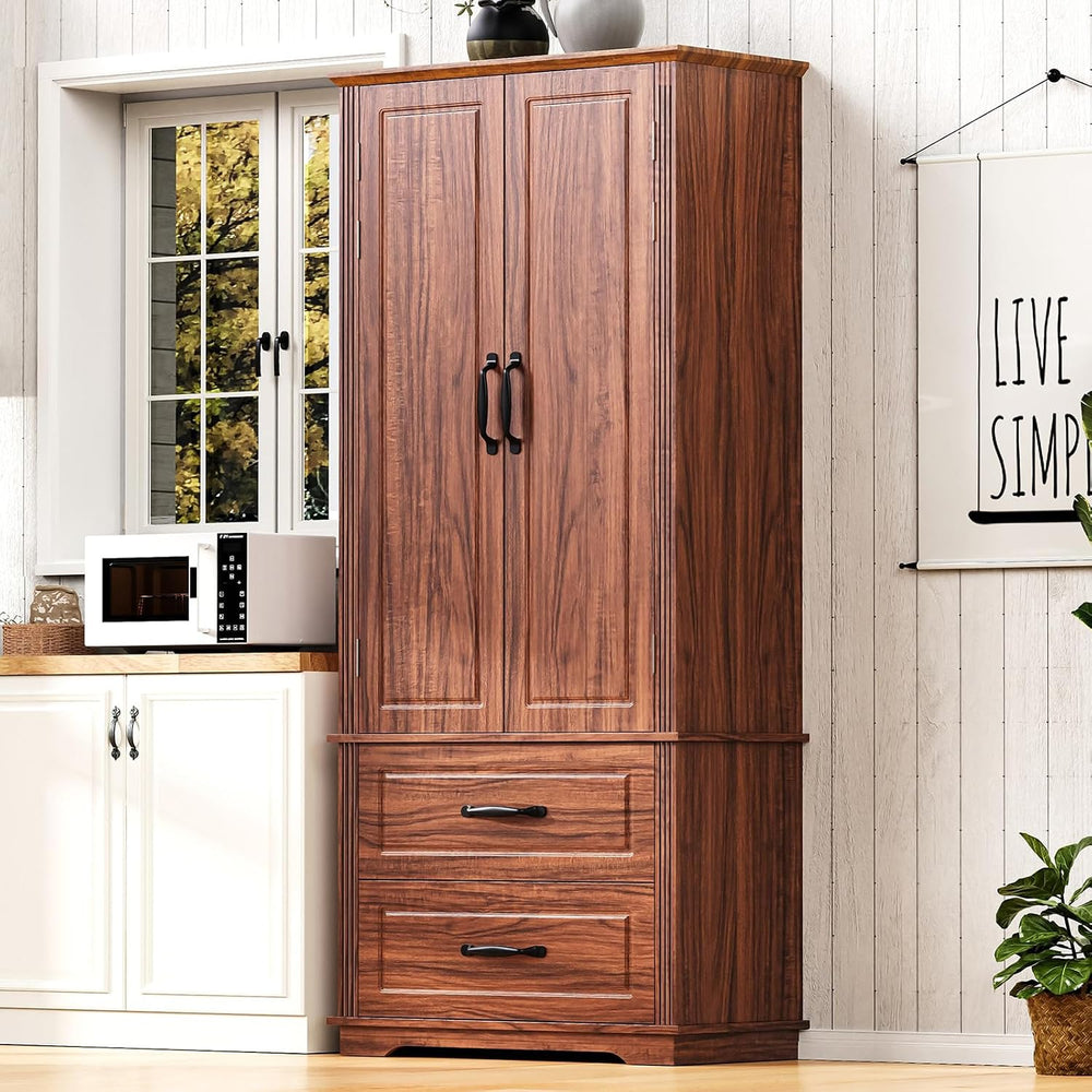 Pantry Cabinet with 2 Large Drawers, Embossed Texture Freestanding Cupboard w...