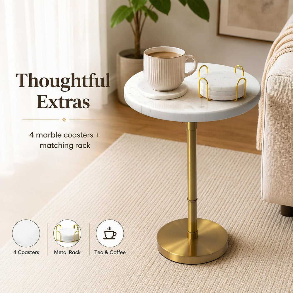 10" Adjustable Marble Drink Table, End Table with 4 Coasters