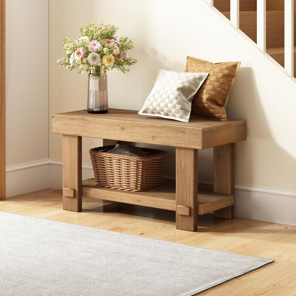 31.5" Solid Wood Bench, Small Farmhouse Narrow Storage Bench, Natural | ...