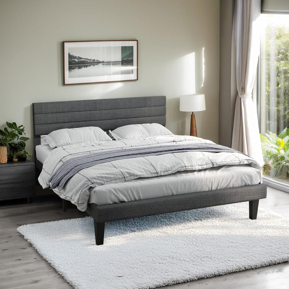 VINGLI Full Upholstered Platform Bed Frame with Headboard,Linen Dark Gray