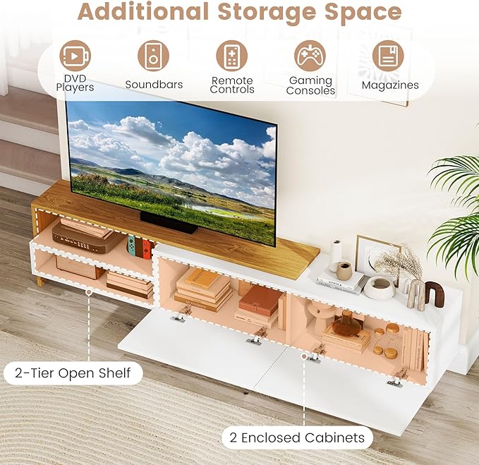 Tangkula Large White TV Stand for 80” TVs, Mid Century Modern Entertainment C...