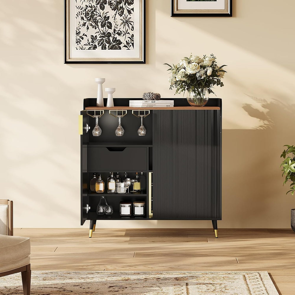 32" Fluted Bar Cabinet with Wine Rack, Green Liquor Wine Cabinet, Black ...