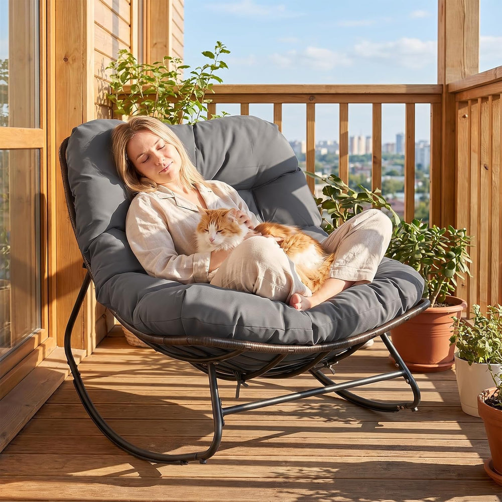 Tangkula Outdoor Papasan Rocking Chair, Oversized Egg-Shaped Rocker with Thic...