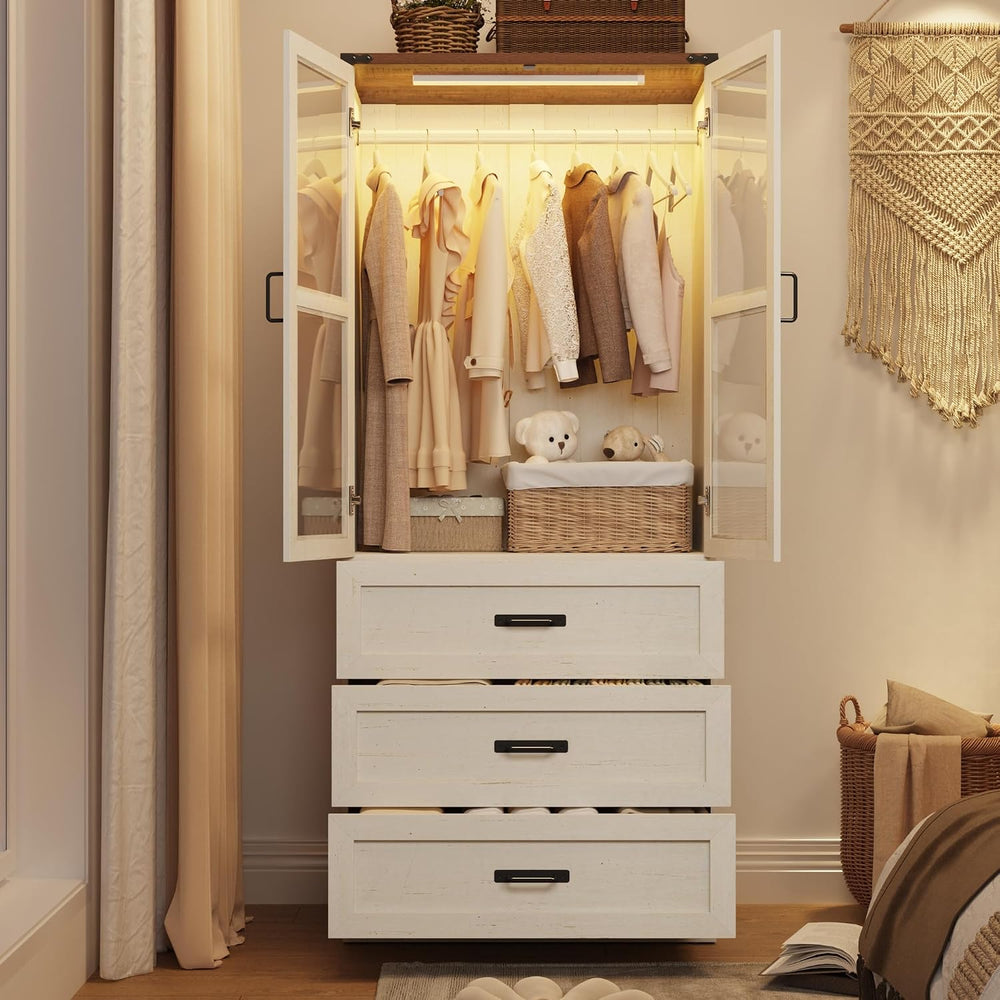 75" Tall Farmhouse 2 Doors Armoire Wardrobe Closet with 3 Drawers and LE...