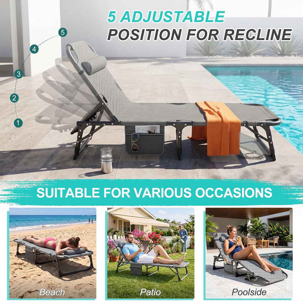 ABORON Patio Lounge Chair, Folding Adjustable Chaise Chair, Max 450LB Load