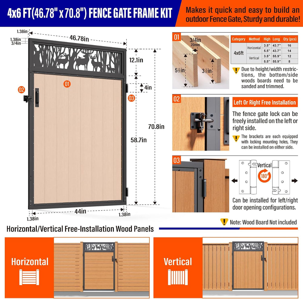 4x6FT (46.78" W X 70.8" H) Stainless Steel Anti Sag Wooden Fence Ga...