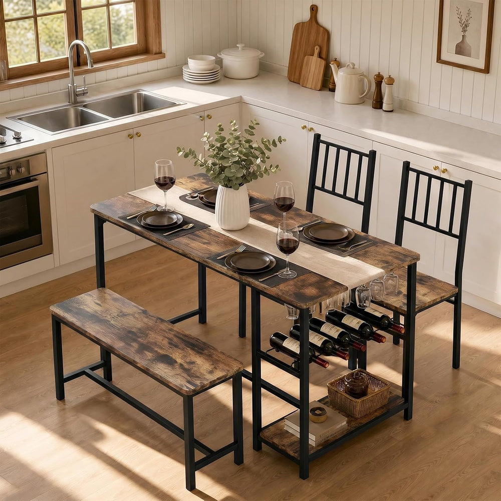 55-Inch Dining Table Set for 4 with Bench, Wine Rack, Rustic Brown | 4-Piece ...