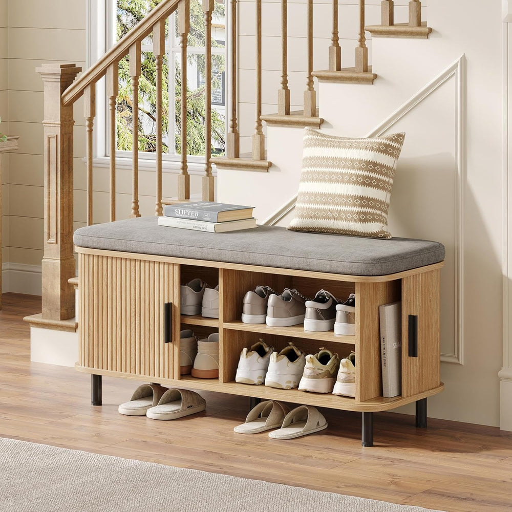 Maupvit Shoe Storage Bench with Smooth Fluted Sliding Doors, 2 Tier Hidden Sh...