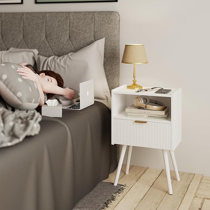 White Nightstand,Modern Bedside Table with Storage Drawer and Open Wood Shelf...