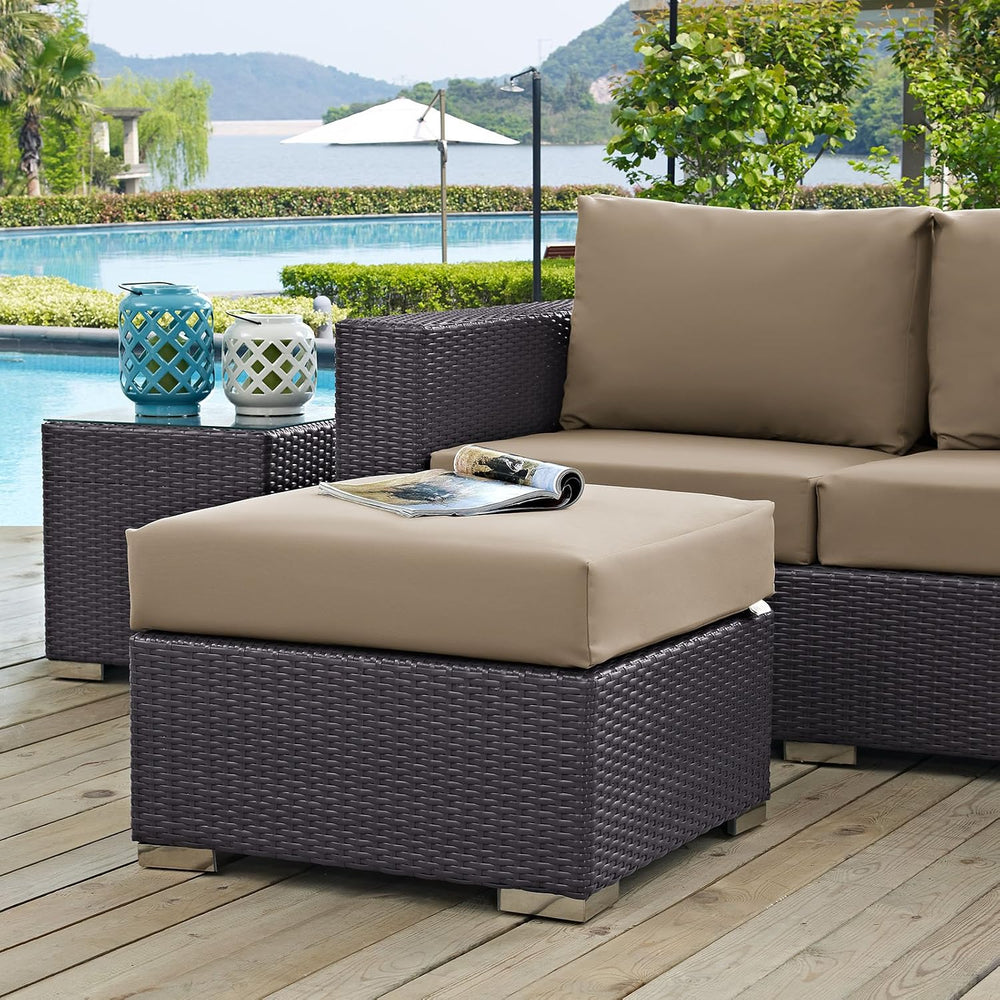 Modway Convene Wicker Rattan Outdoor Patio Square Ottoman with Cushions in Es...