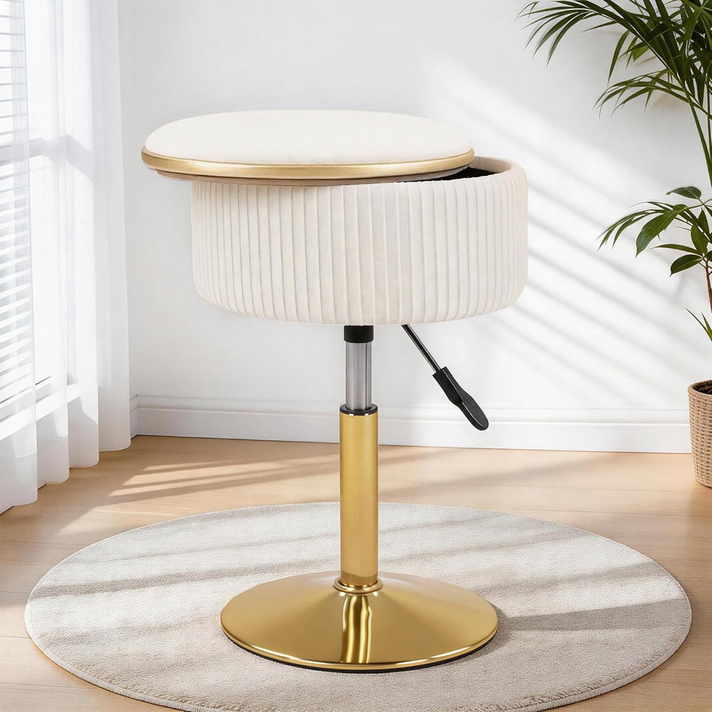LITZFUR Adjustable Vanity Stool with Storage, 360° Swivel Gold Chair, Velvet ...