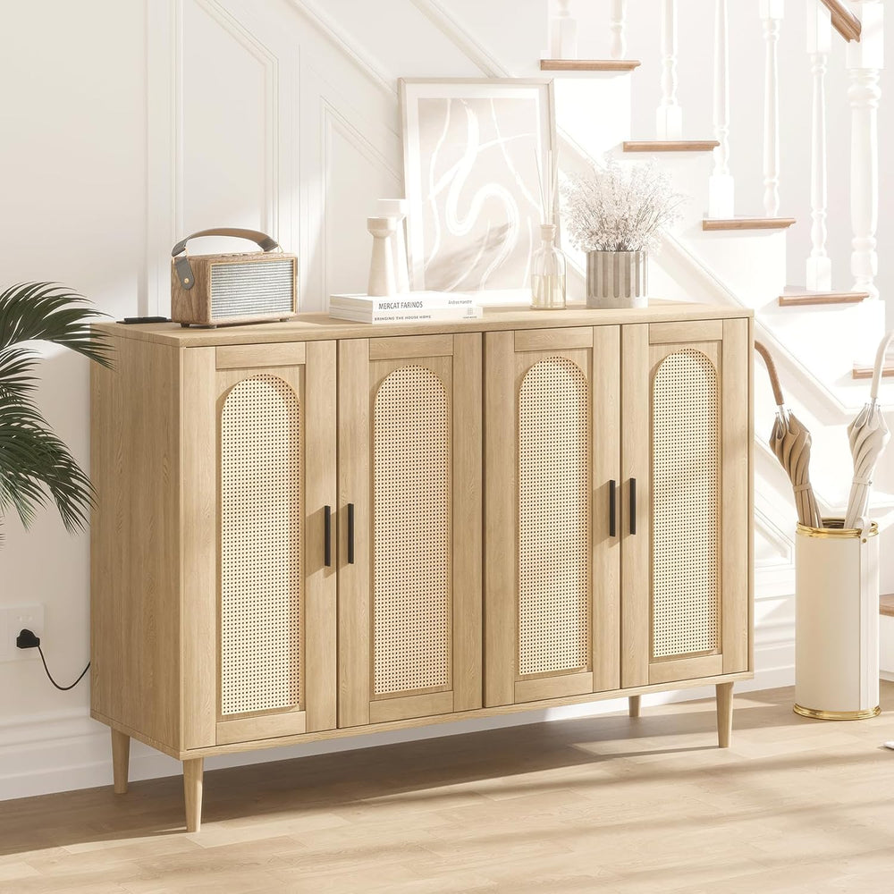 Patikuin Rattan Sideboard Buffet Cabinet, 4 Doors Accent Storage Cabinet, Con...