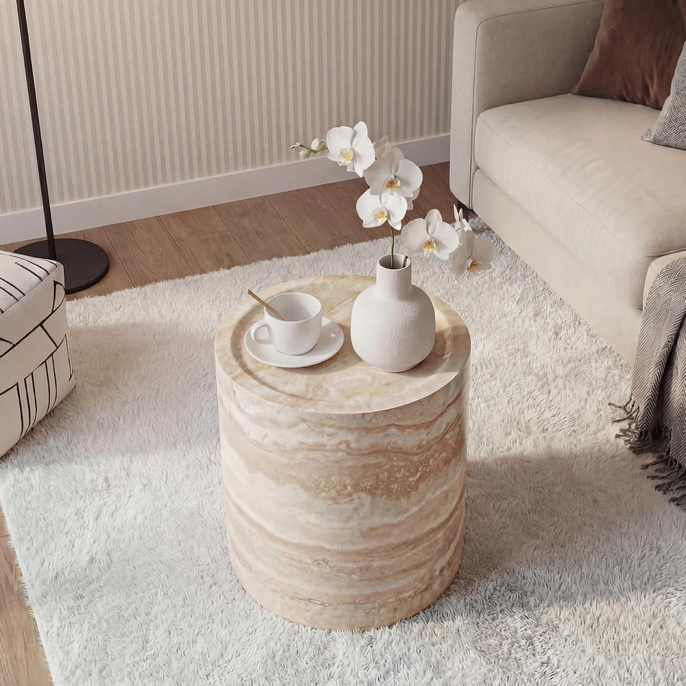 Marble-Effect Cylindrical Side Table Lightweight Fiberglass & Resin Accen...