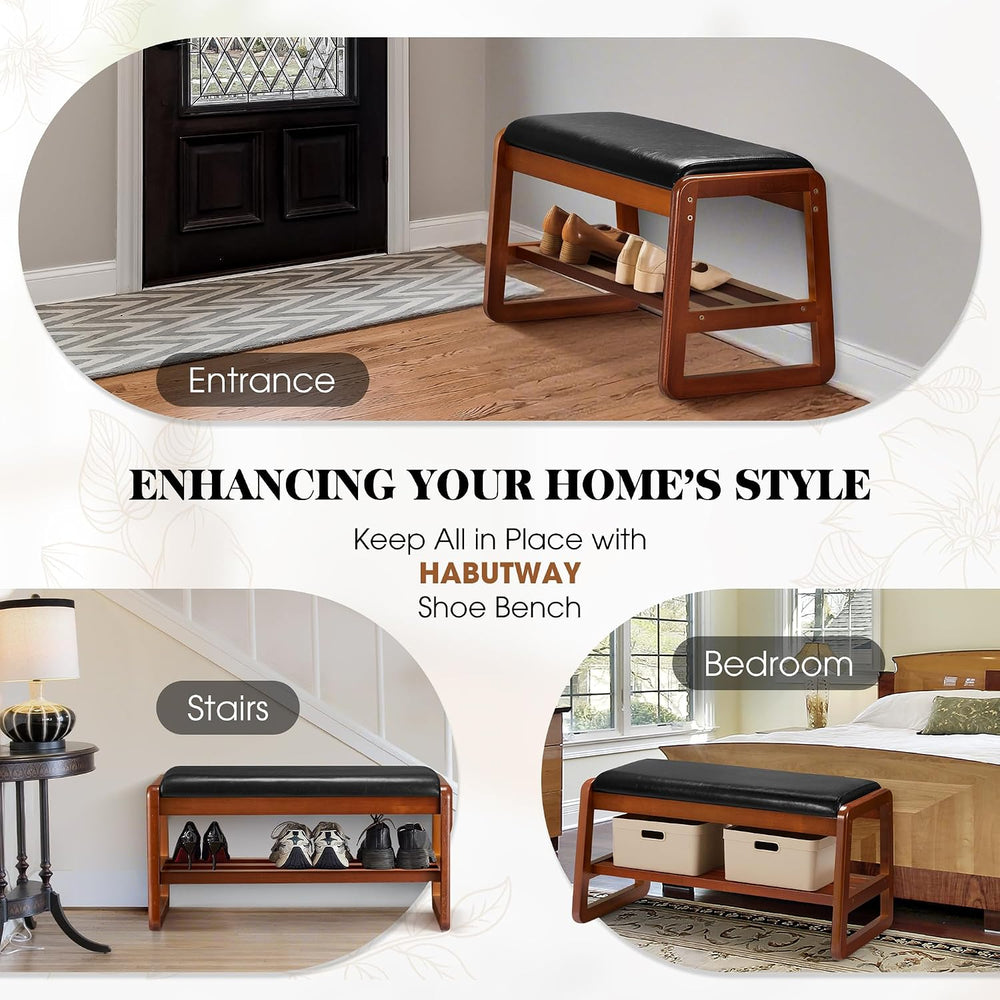 HABUTWAY Solid Wood Shoe Rack, Entryway Shoe Bench with Cushion, 2 Tier Shoes...