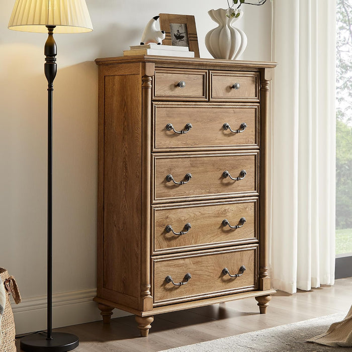 T4TREAM Farmhouse 6-Drawer Dresser with Solid Wood Feet, Light Tree Knot