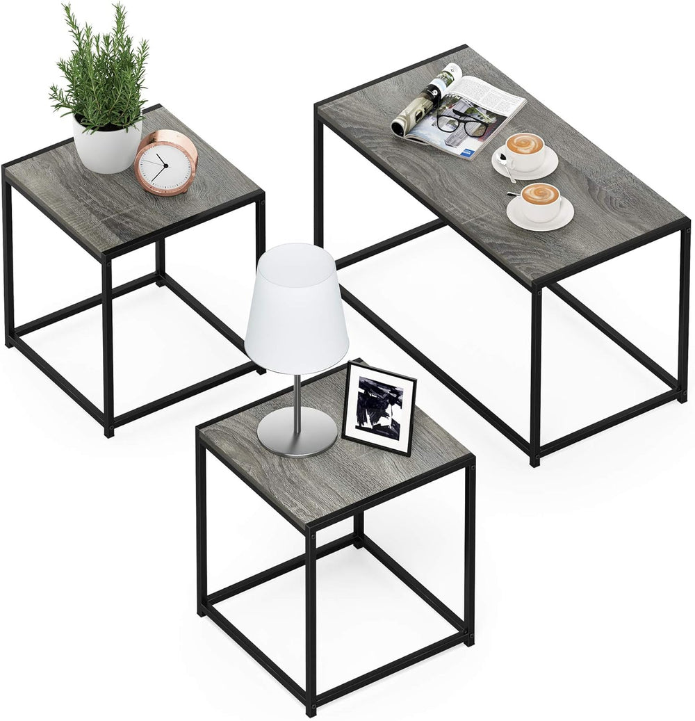 Furinno CAMNUS Metal Frame Living Room Table Set, French Oak Grey | Easy Asse...