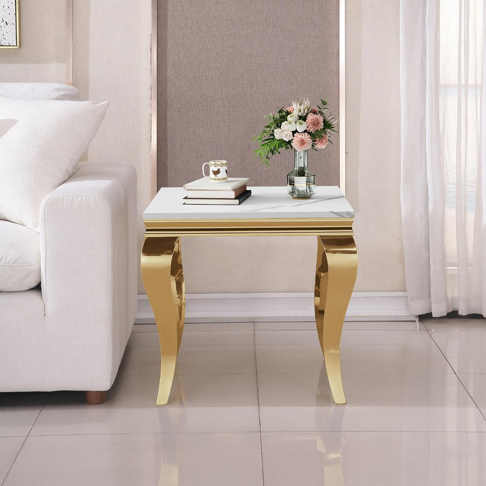 Luxury Marble Side Table, Square End Table with Faux Marble Tabletop & Go...