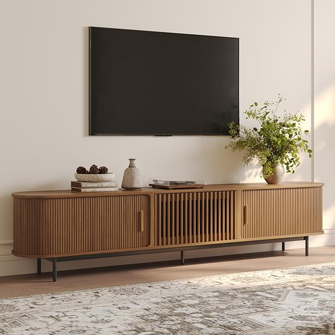 POVISON Fully-Assembled Mid Century Modern TV Stand for 75+ inch TV, Sliding ...