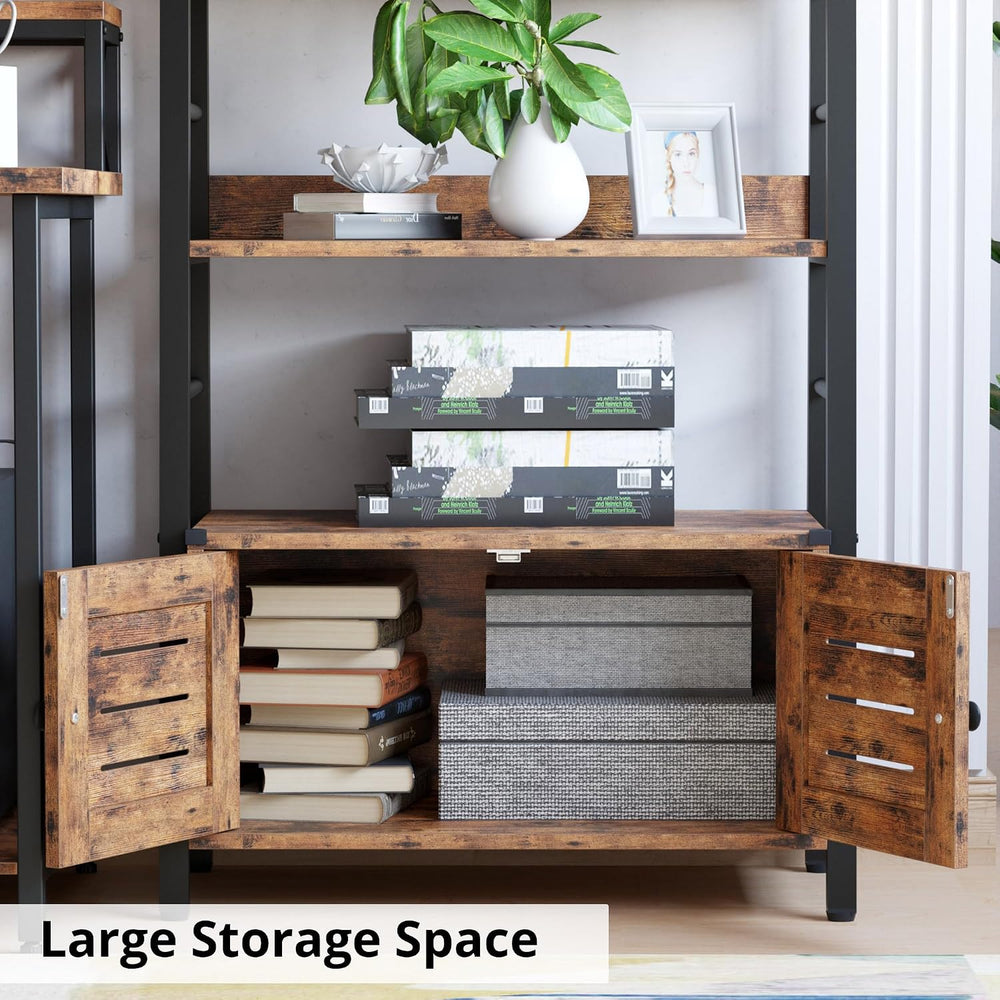 IRONCK 4 Tier Ladder Bookcase with Louvered Doors Rustic Brown