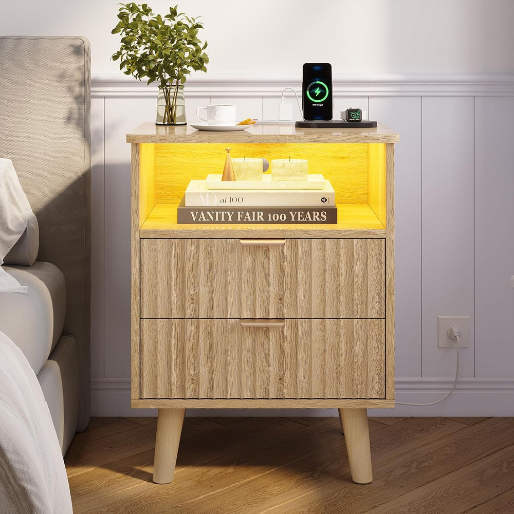VIAGDO Fluted Nightstand with Charging Station and LED Lights, Modern Night S...