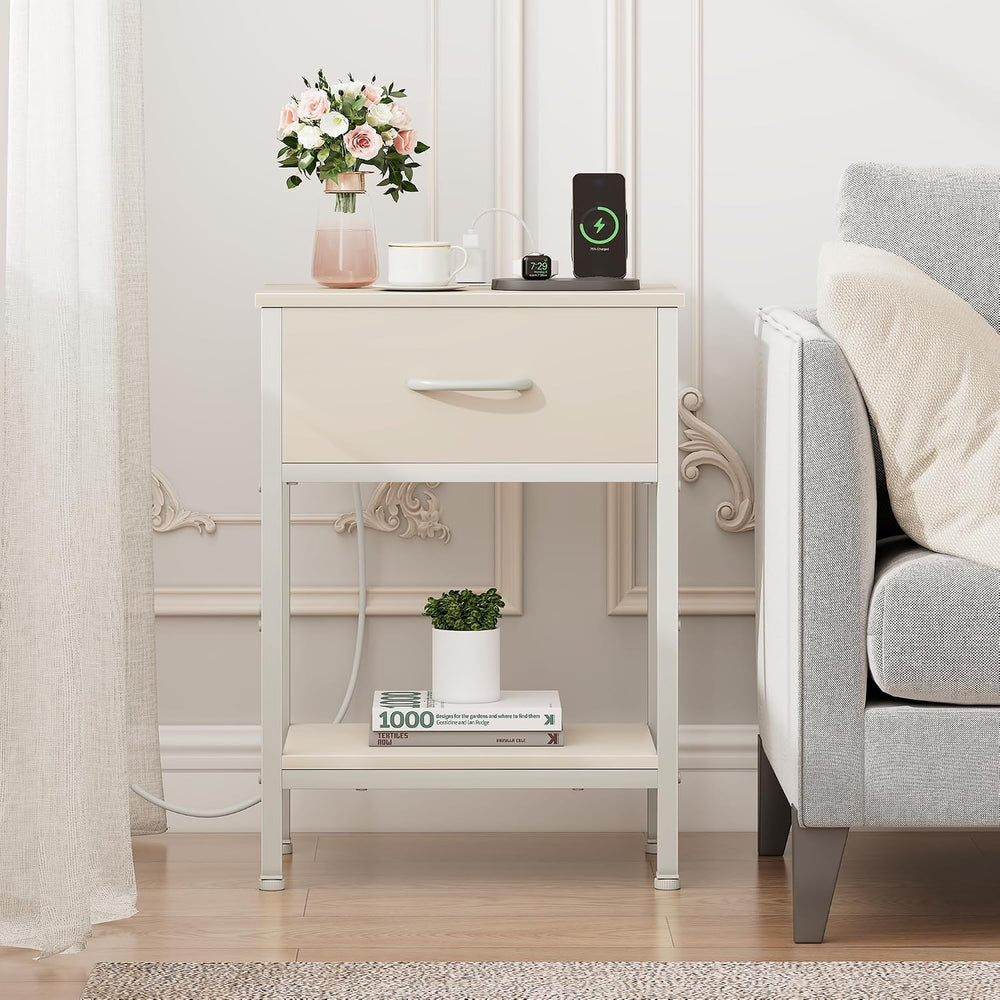 Vagusicc Nightstand with Charging Station, End Table with Fabric Drawer, Smal...